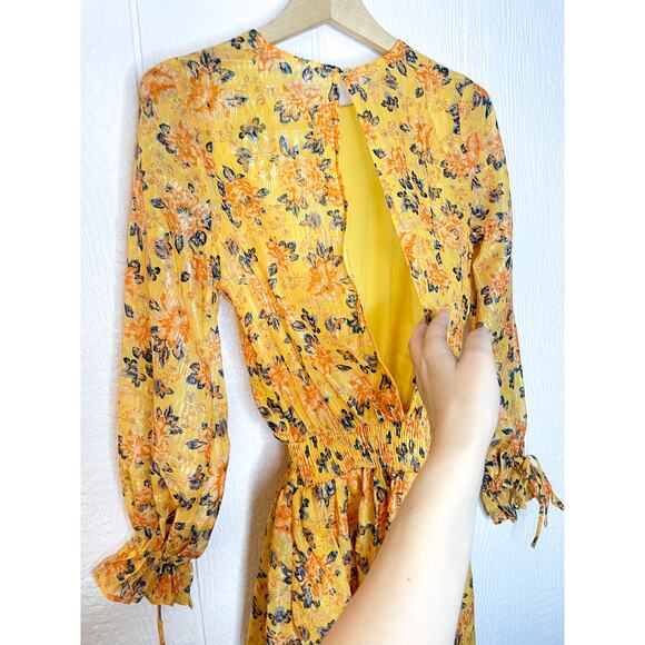 TULAROSA Camden Metallic Yellow Floral Ruffle Long Sleeve Dress SMALL - Picture 12 of 13